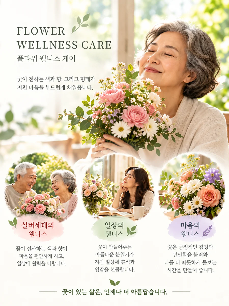 꽃다발을 안고 미소 짓는 모습과 실버세대·일상·마음의 웰니스를 소개하는 FLOWER WELLNESS CARE 이미지